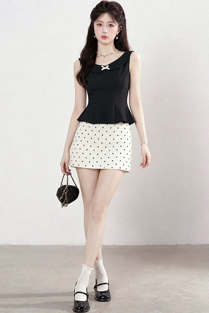 White Sleeveless Shirt and Polka Dot Skirt Set-Up