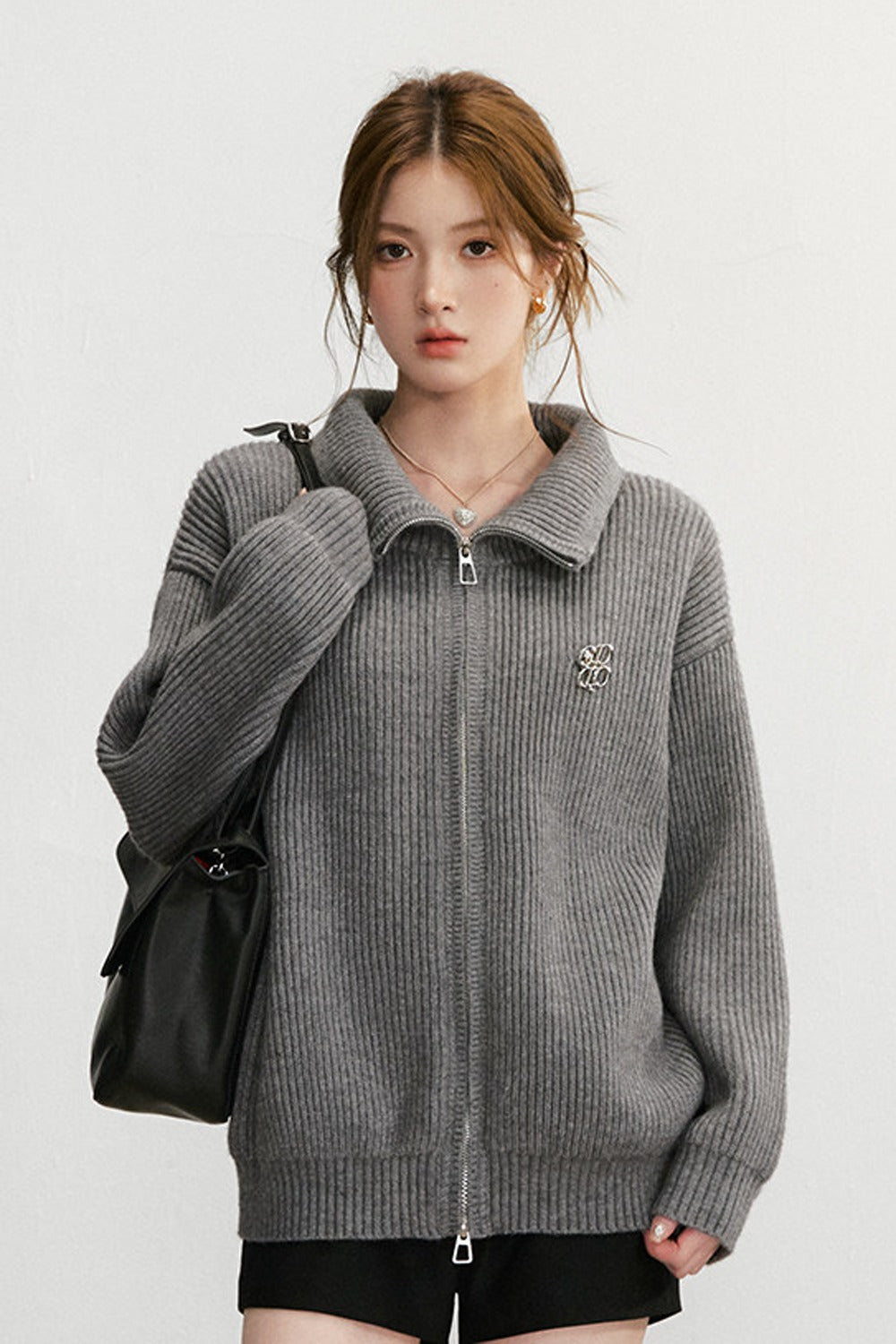 Grey Textured Zipper Knit Jacket