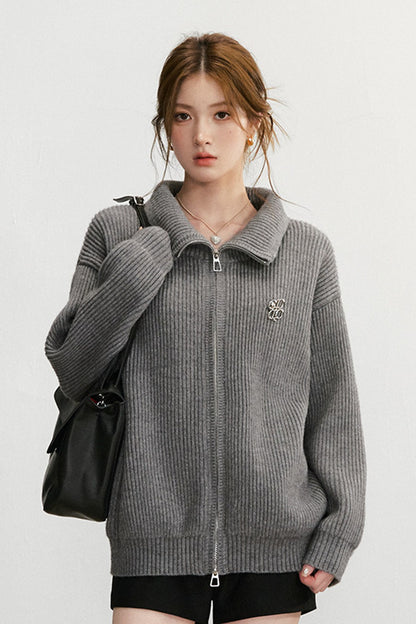 Grey Textured Zipper Knit Jacket