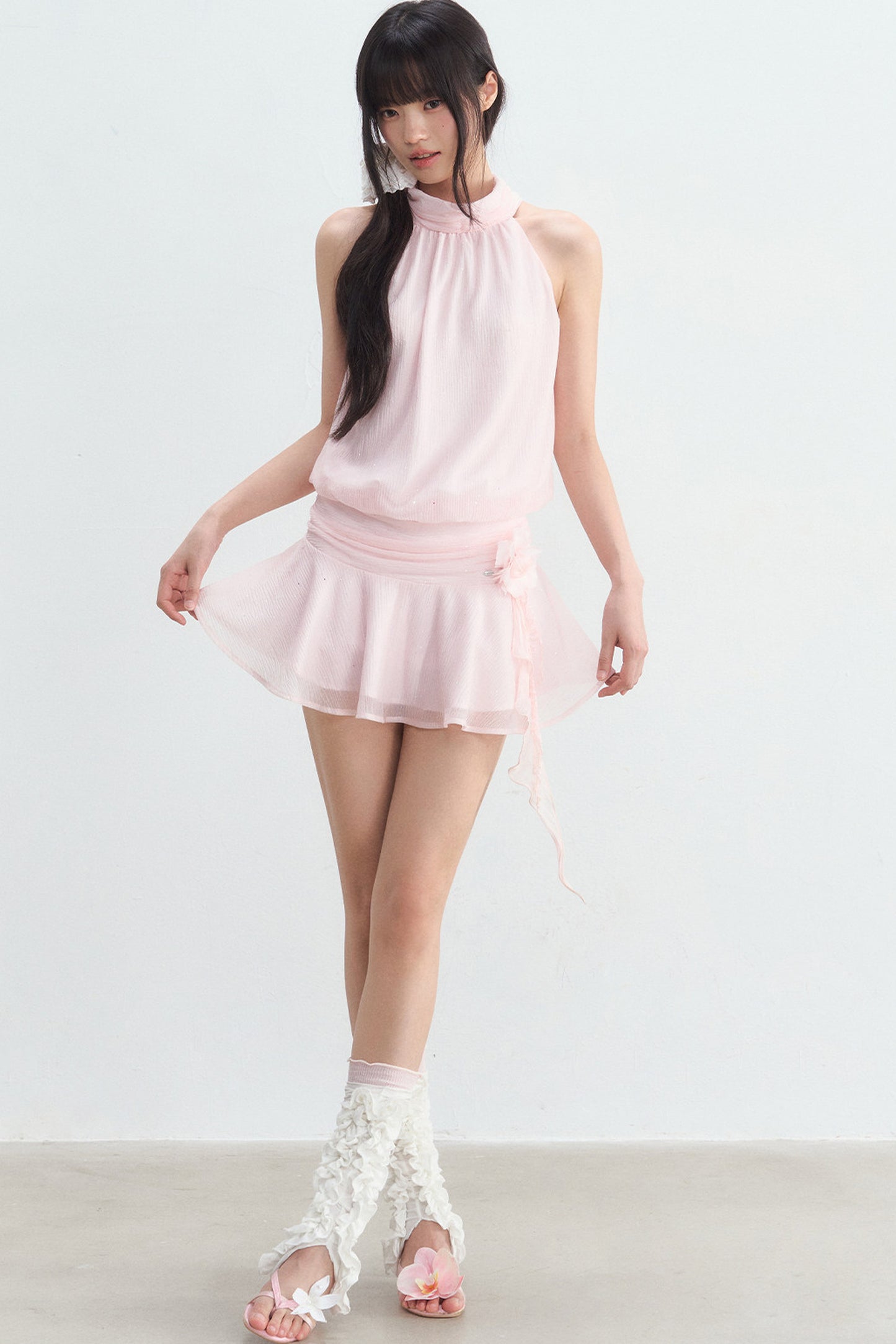 Pink Textured Chiffon Sleeveless Halter Dress