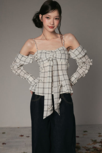 Bow-Tie Plaid Floral Long-Sleeve Tube Top