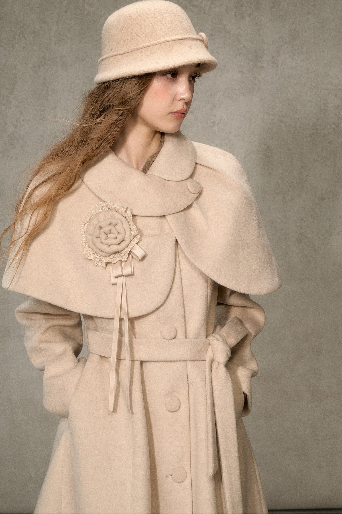 Floral Embroidered Long Woolen Cape Coat Set-Up