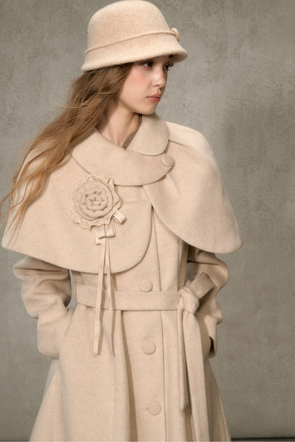 Floral Embroidered Long Woolen Cape Coat Set-Up