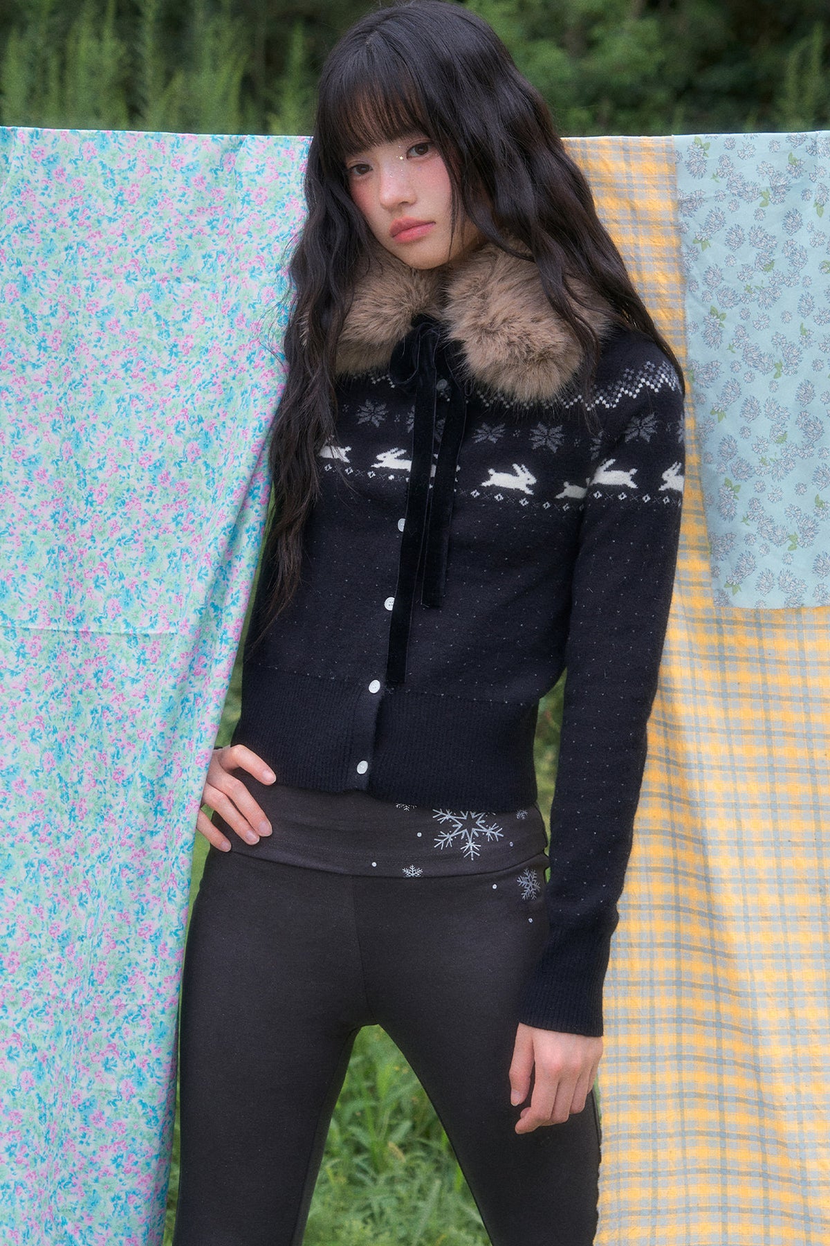 Waist-Cinching Fair Isle Rabbit Cardigan and Pants Set-Up
