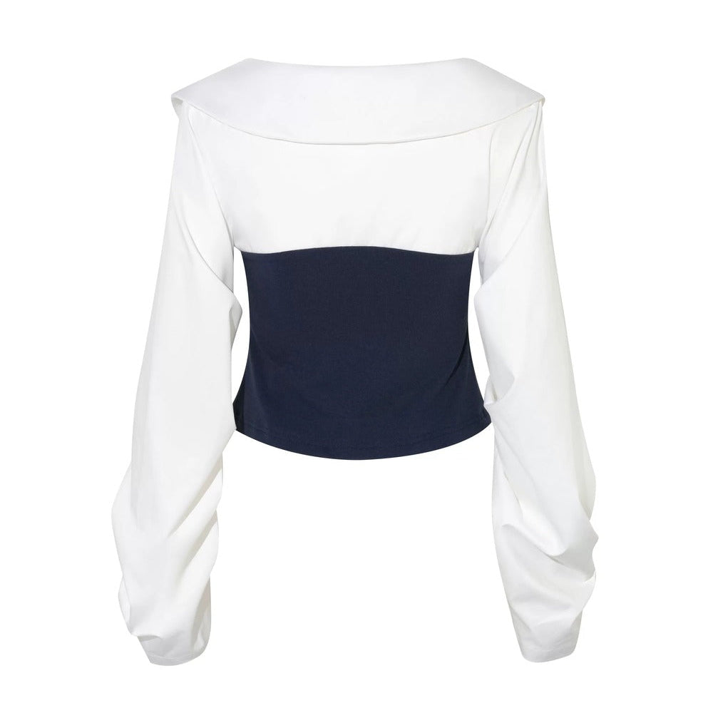 Navy Bow Patchwork Blouse