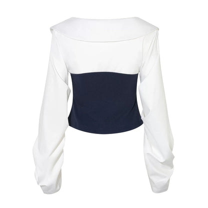 Navy Bow Patchwork Blouse