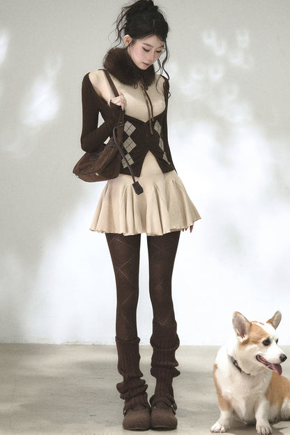 Vertical Striped Diamond Knit Cardigan and Ruffled Dress Set-Up