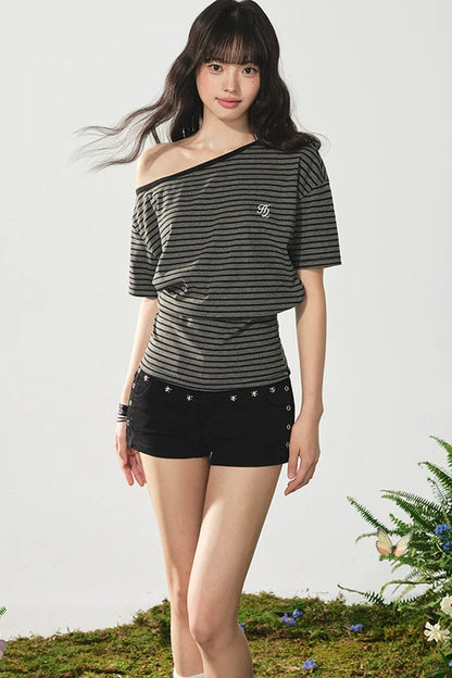 Off-Shoulder Vintage Striped Top