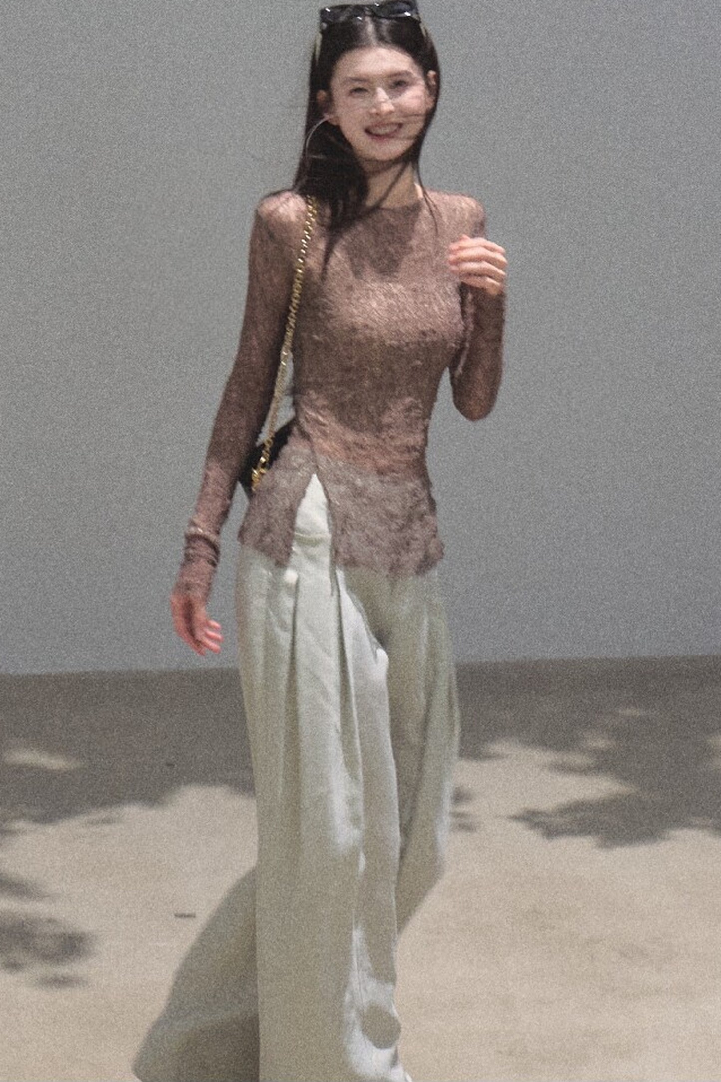 Silver Textured Knit Lace Blouse