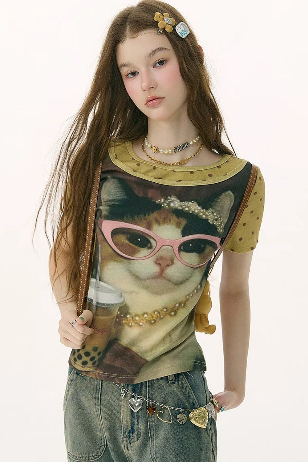 Retro Distressed Cat Print T-Shirt