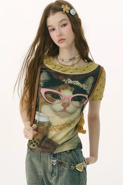 Retro Distressed Cat Print T-Shirt