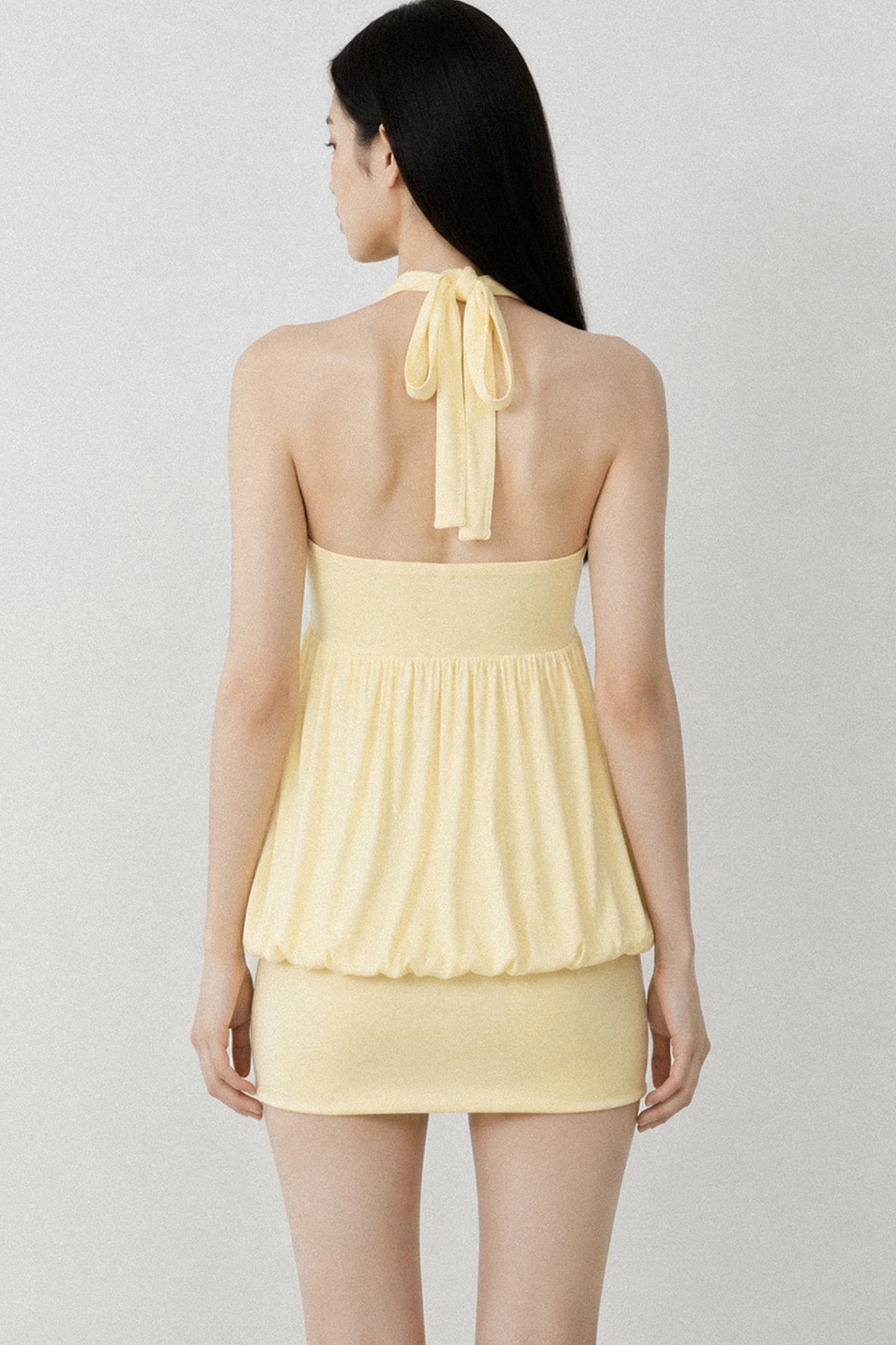 Solid Color Halter V-Neck Backless Ruched Dress