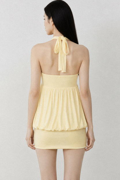 Solid Color Halter V-Neck Backless Ruched Dress