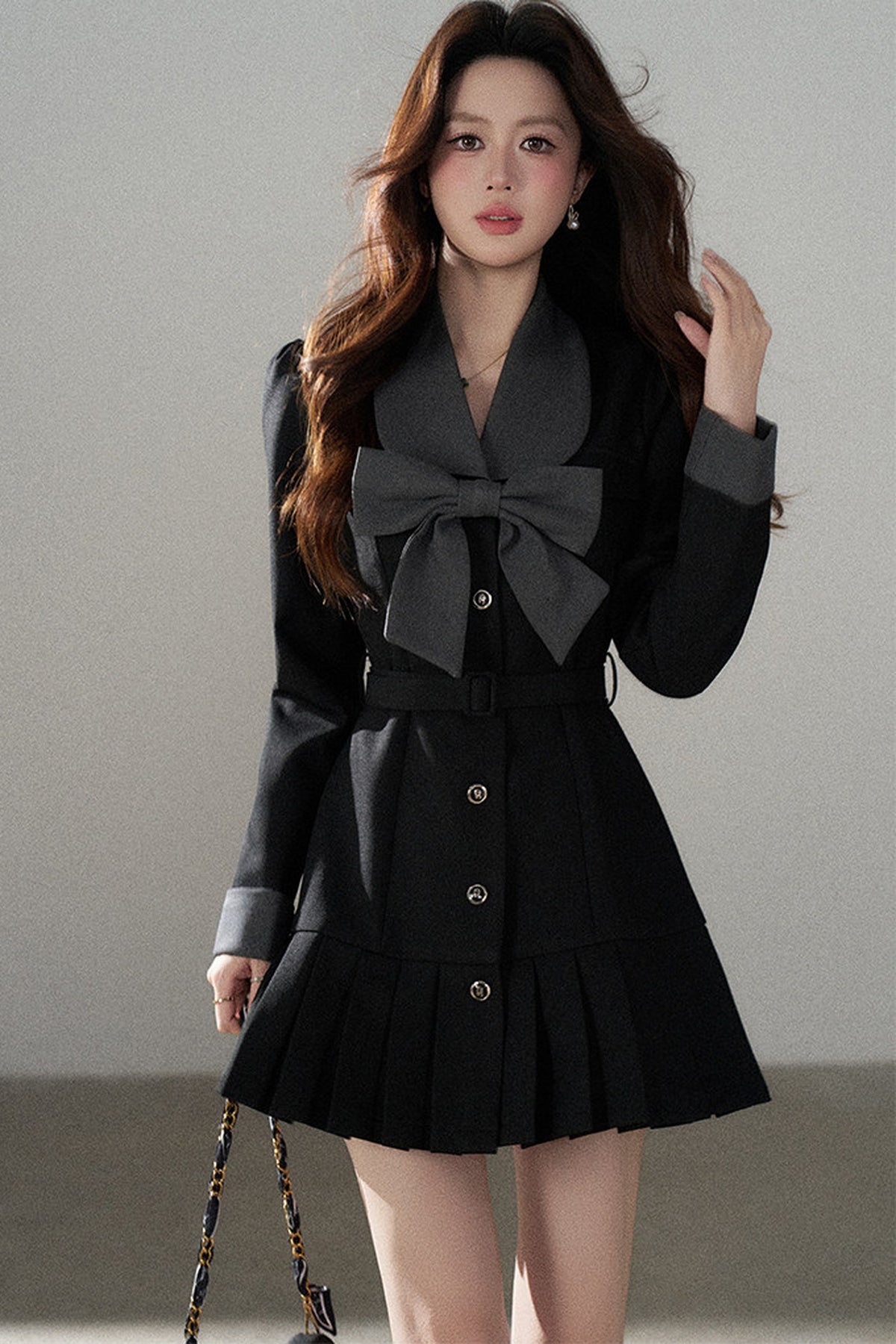Black Bow Pleated Dress