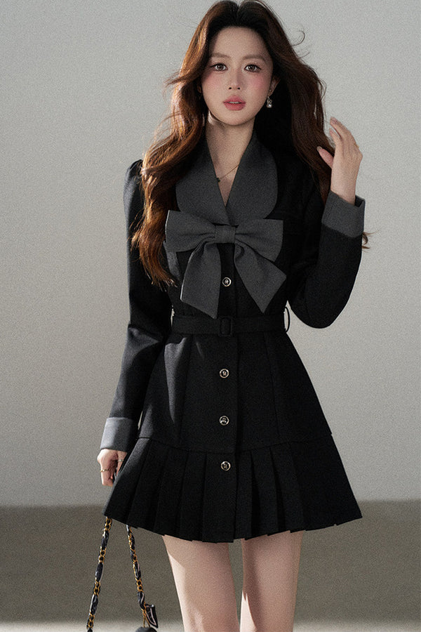 Black Bow Pleated Dress