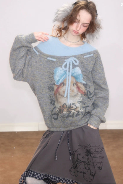 Rabbit Print Bow Knit Sweater