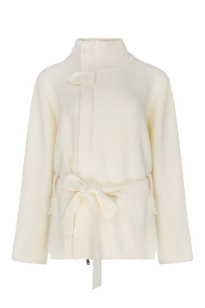 Wool Tie Cardigan and Pleated Skirt Set-Up