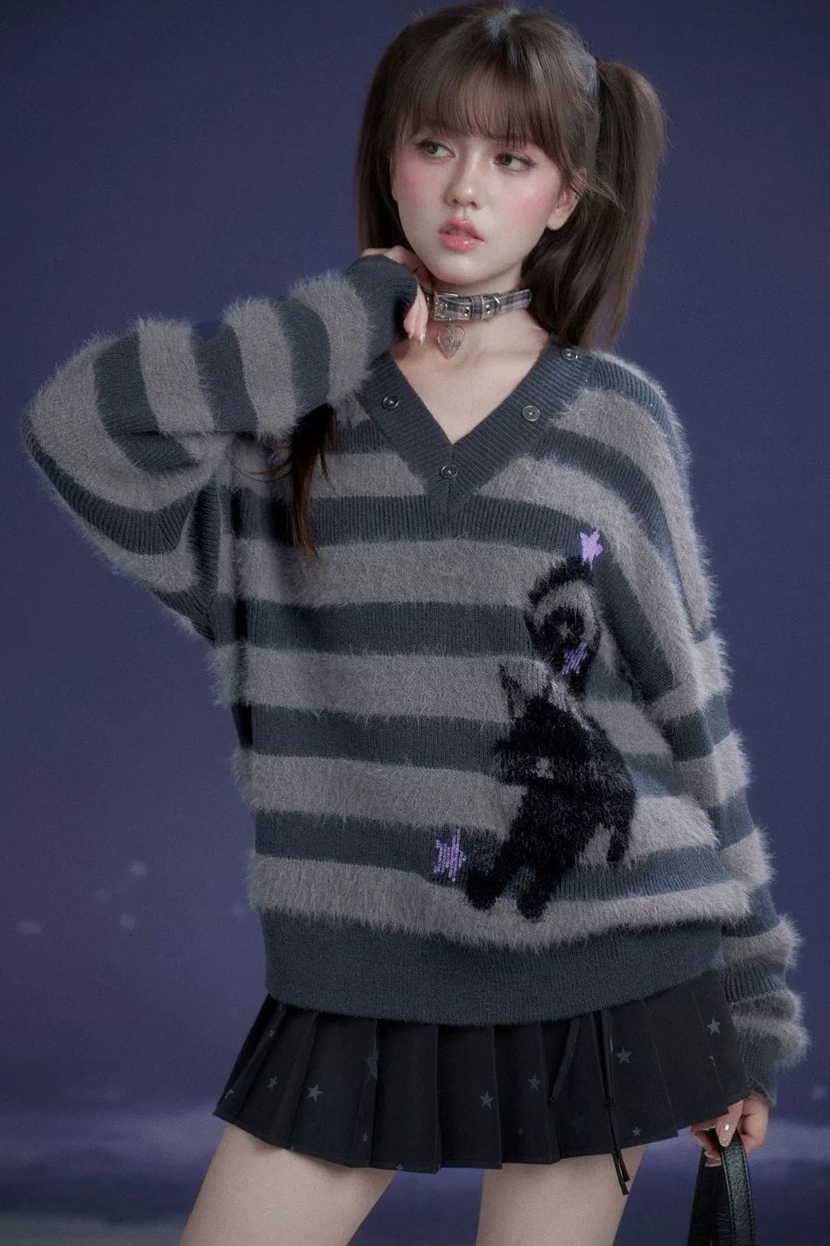 Halloween Meow Black Gray Striped Sweater With Scarf