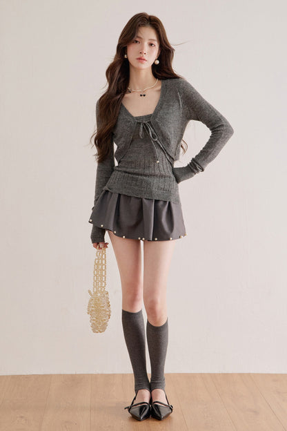 Long-Sleeve V-Neck Lace-Up Knit Sweater