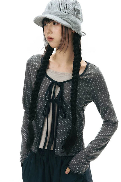 Lace-Up Ruffle Knit Cardigan