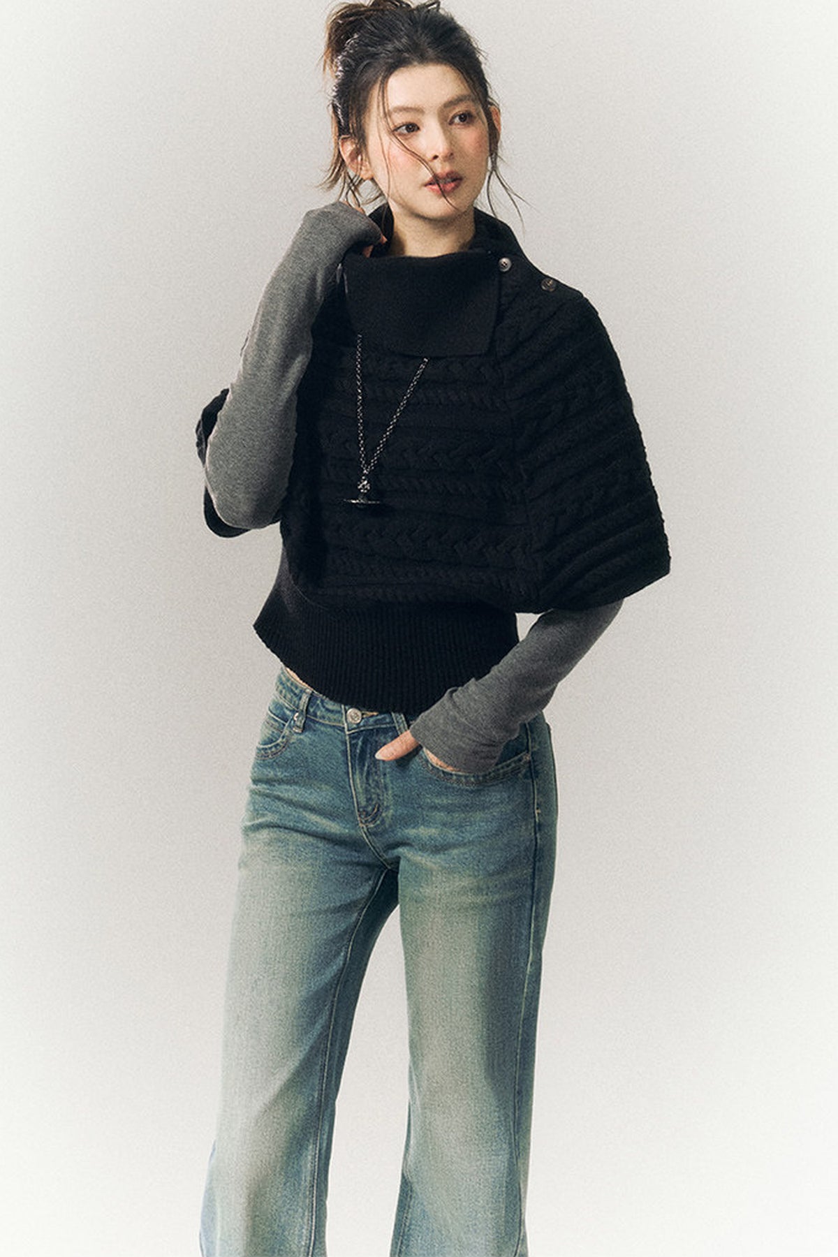 Cable Knit Lapel Cape Sweater