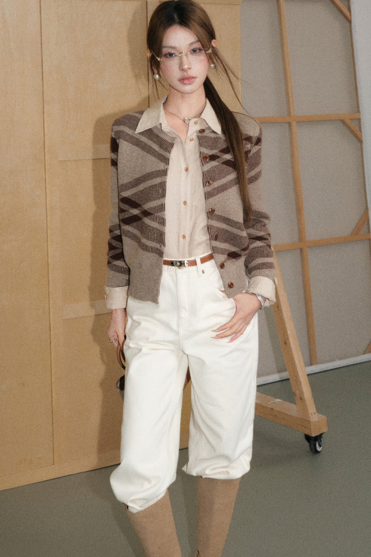 Coffee Plaid Wool Cardigan, Shirt and Pants Set-Up