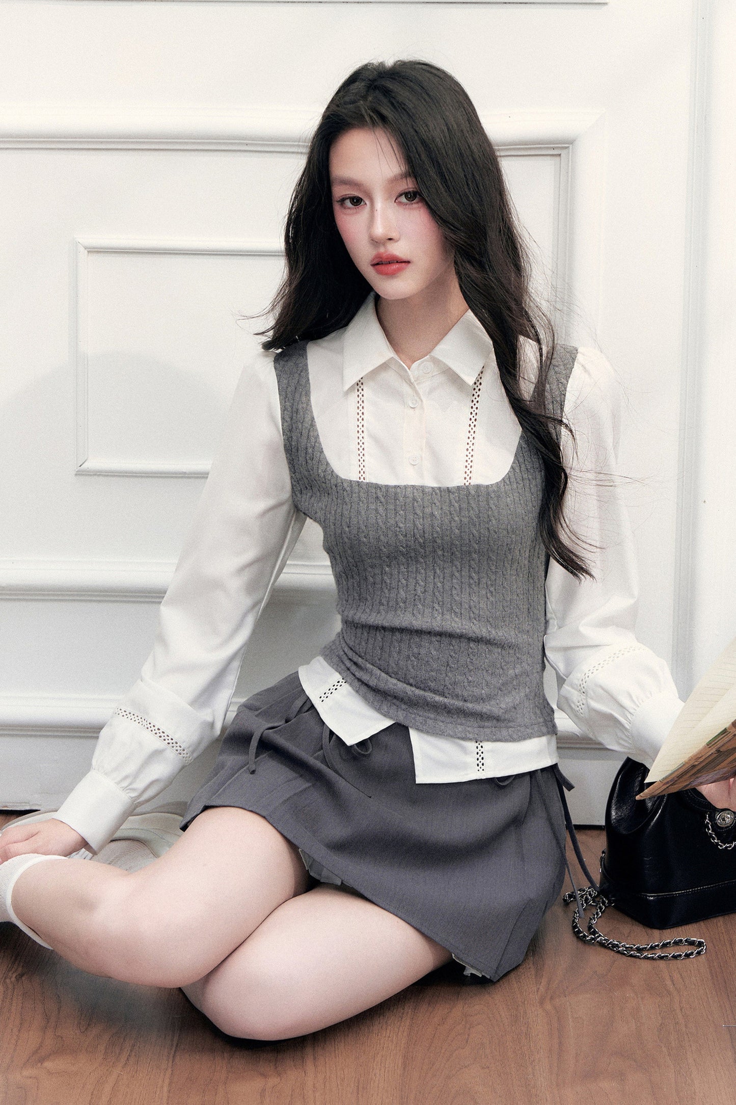 Gray Knit Vest Blouse and Skirt Set-Up