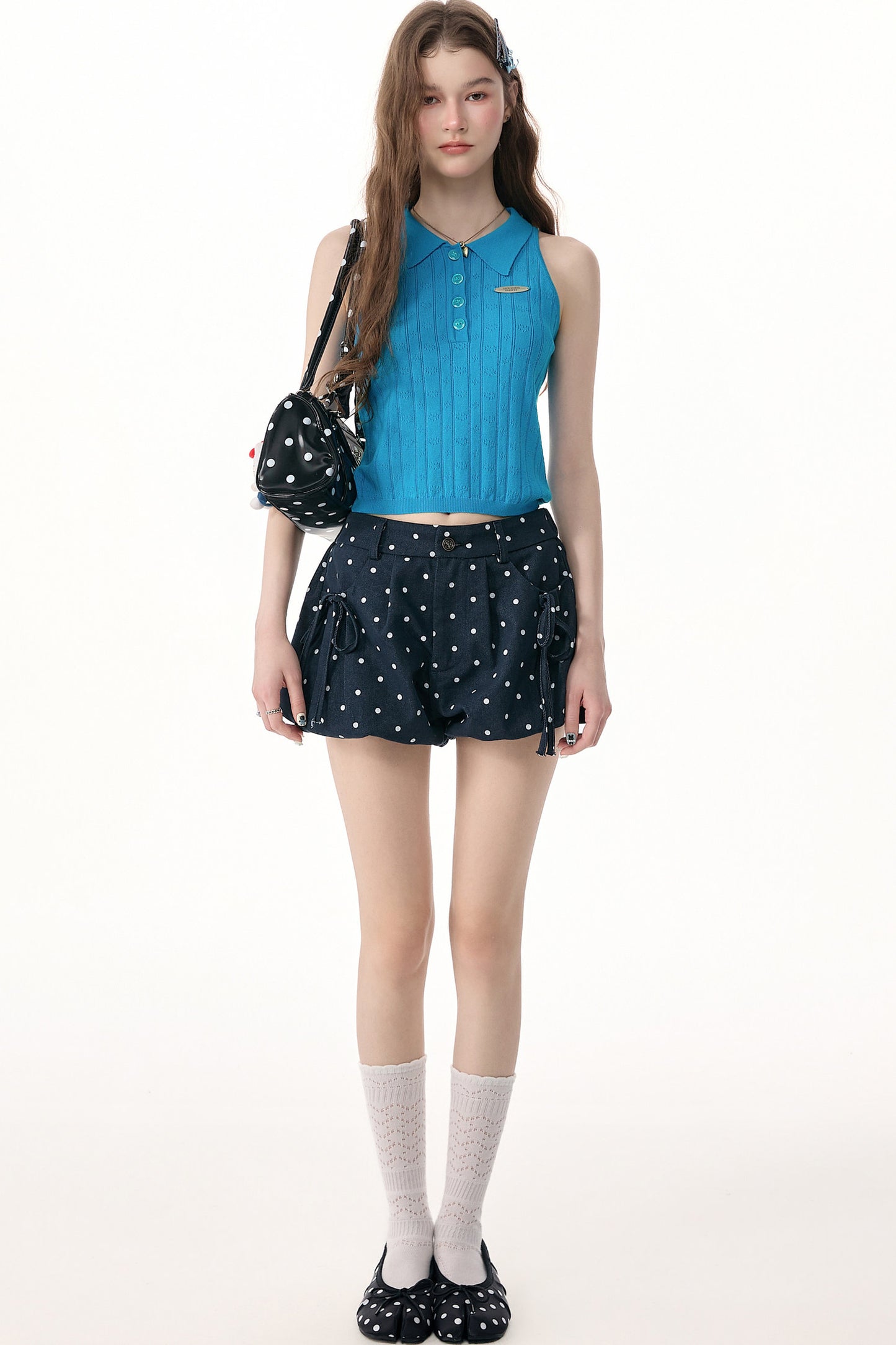 Blue Knit Polo Collar Halter Top