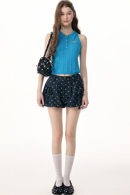 Blue Knit Polo Collar Halter Top