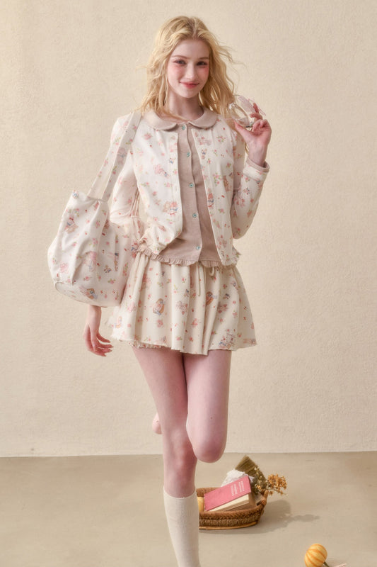 Bunny Print Hoodie Skirt Set-Up