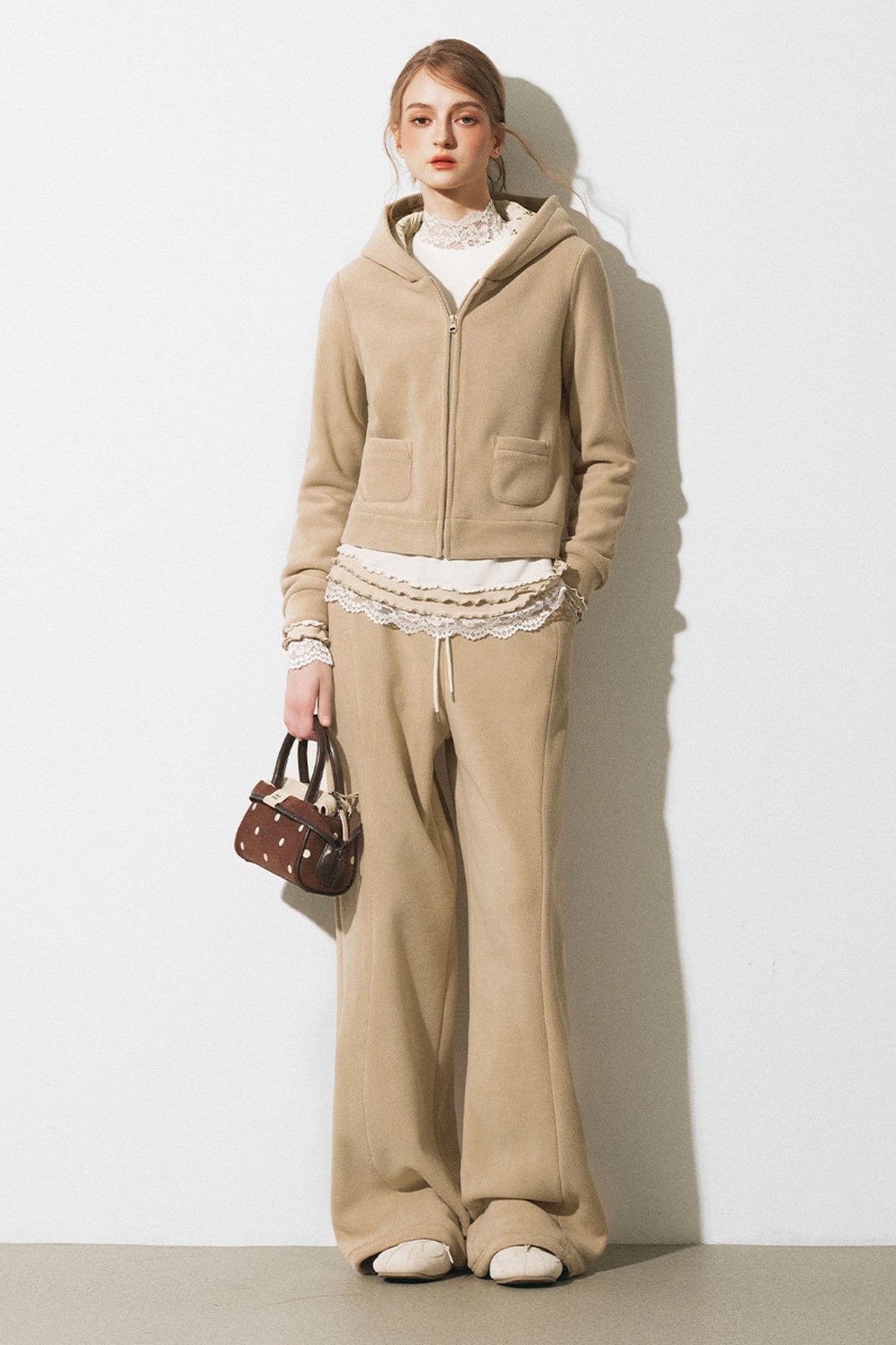 Oatmeal Fleece Hooded Sweatshirt Jacket and Wide-Leg Pants Set-Up