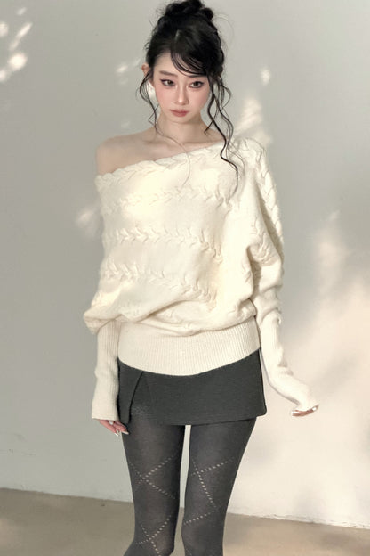 Diagonal Cable Knit Off-Shoulder Sweater