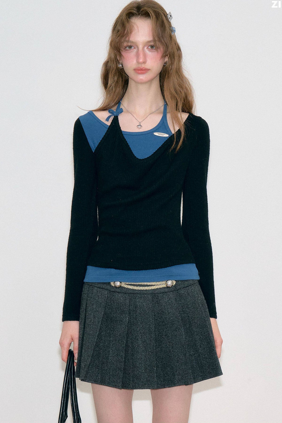 Retro Spliced Halter Knit Top
