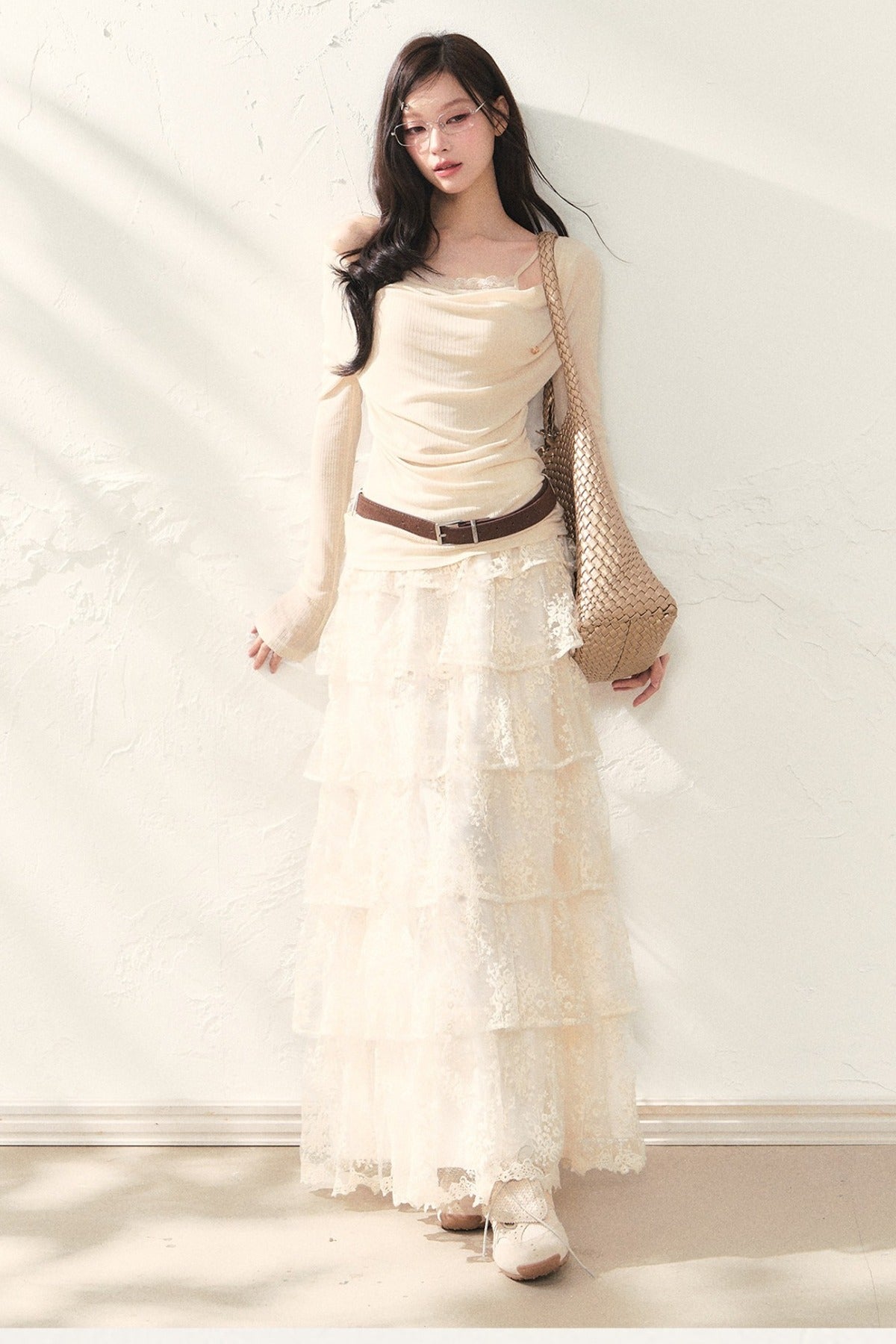 Swing Collar Long Sleeve Top and Skirt Set-Up