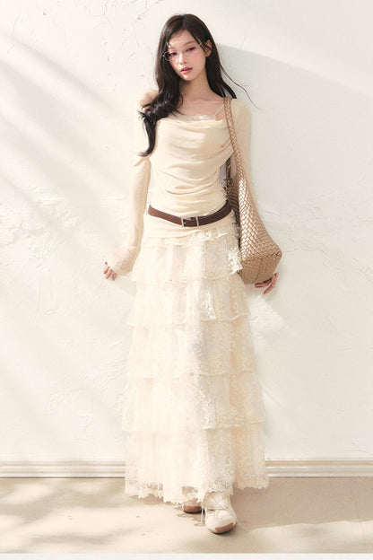 Swing Collar Long Sleeve Top and Skirt Set-Up