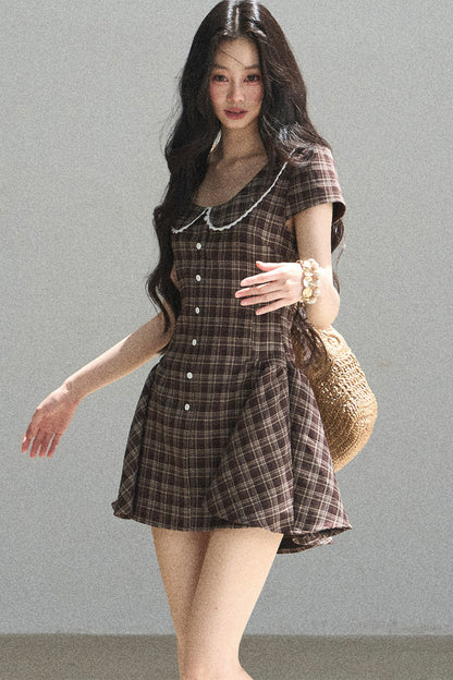 Chestnut Brown Plaid Puffy Dress
