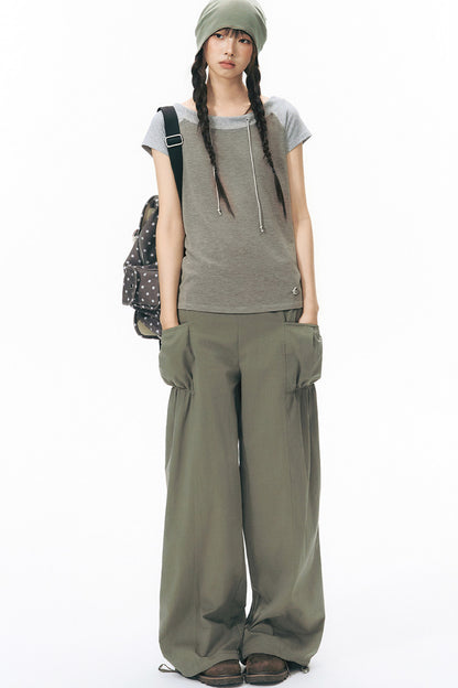 Patchwork Waistband Pocket Wide-Leg Cargo Pants