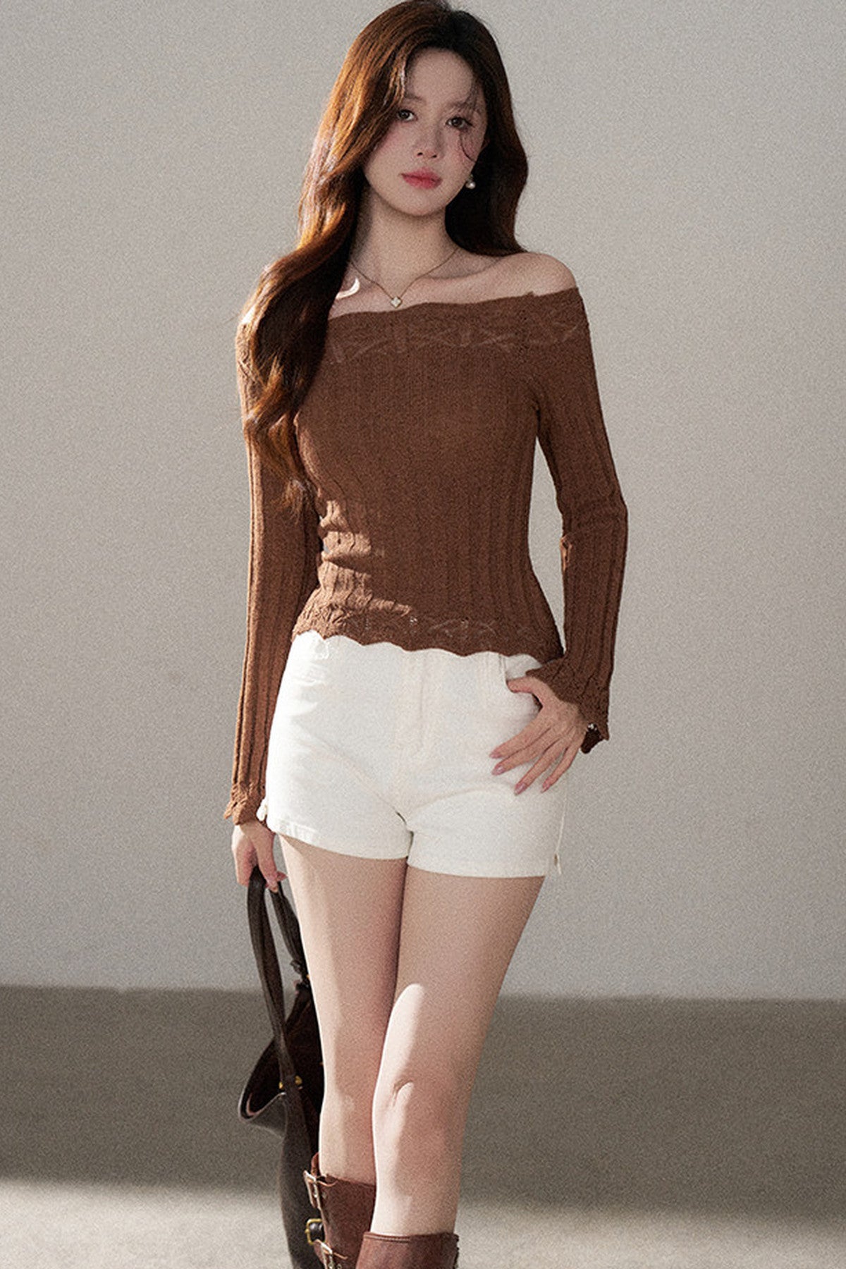 Off-Shoulder Lace Hollow-Out Knit Pullover