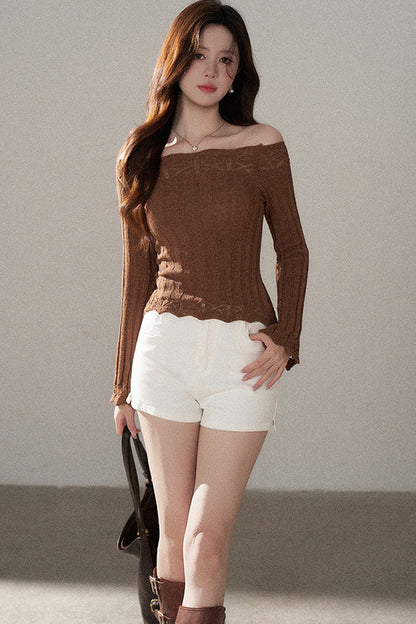 Off-Shoulder Lace Hollow-Out Knit Pullover