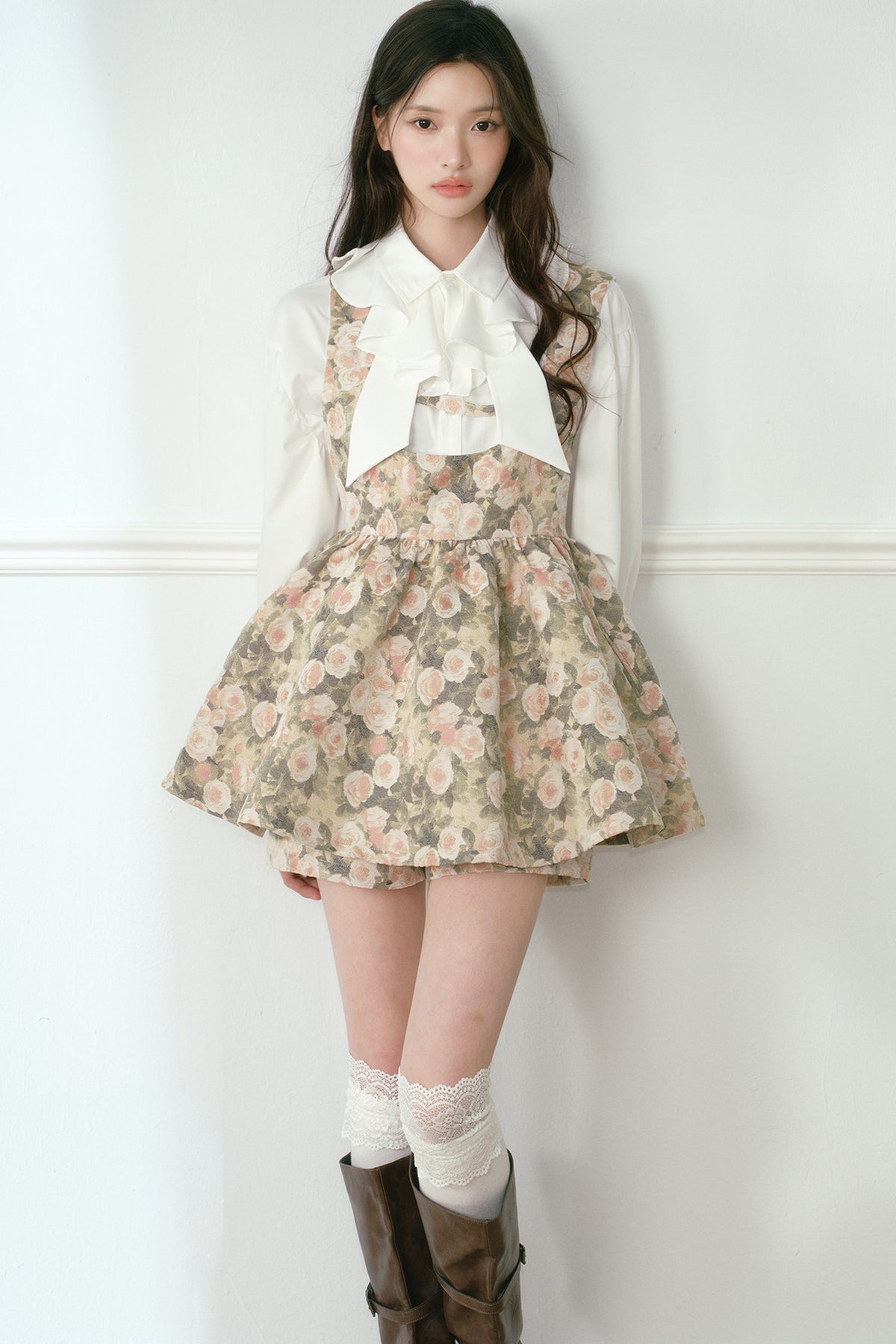 Floral Jacquard Vest Tutu Skirt Pants Set-Up