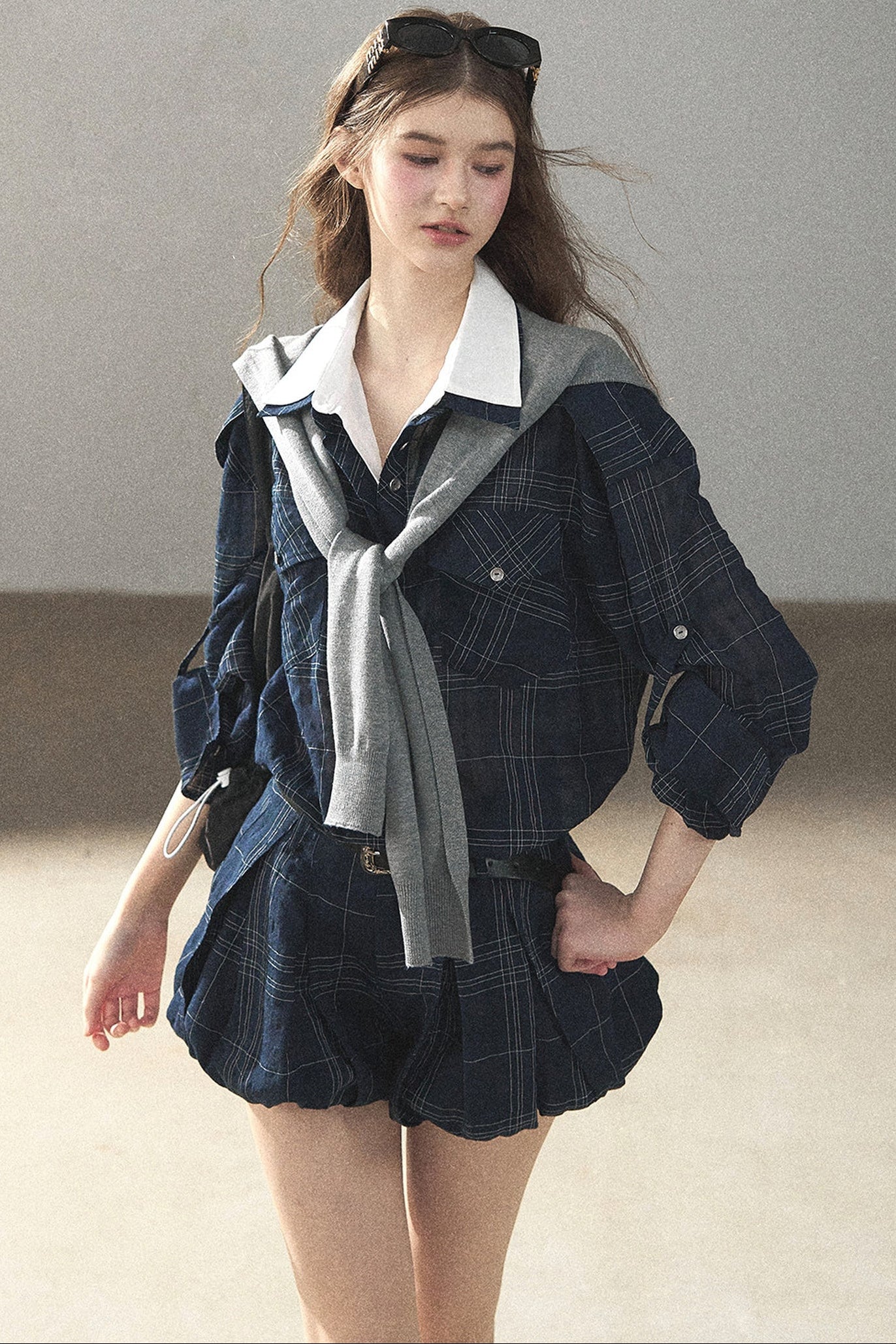 Plaid Layered-Look Shirt And Shorts Set-Up