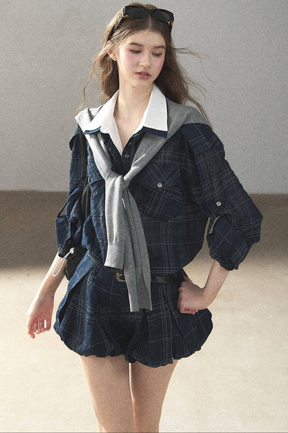 Plaid Layered-Look Shirt And Shorts Set-Up