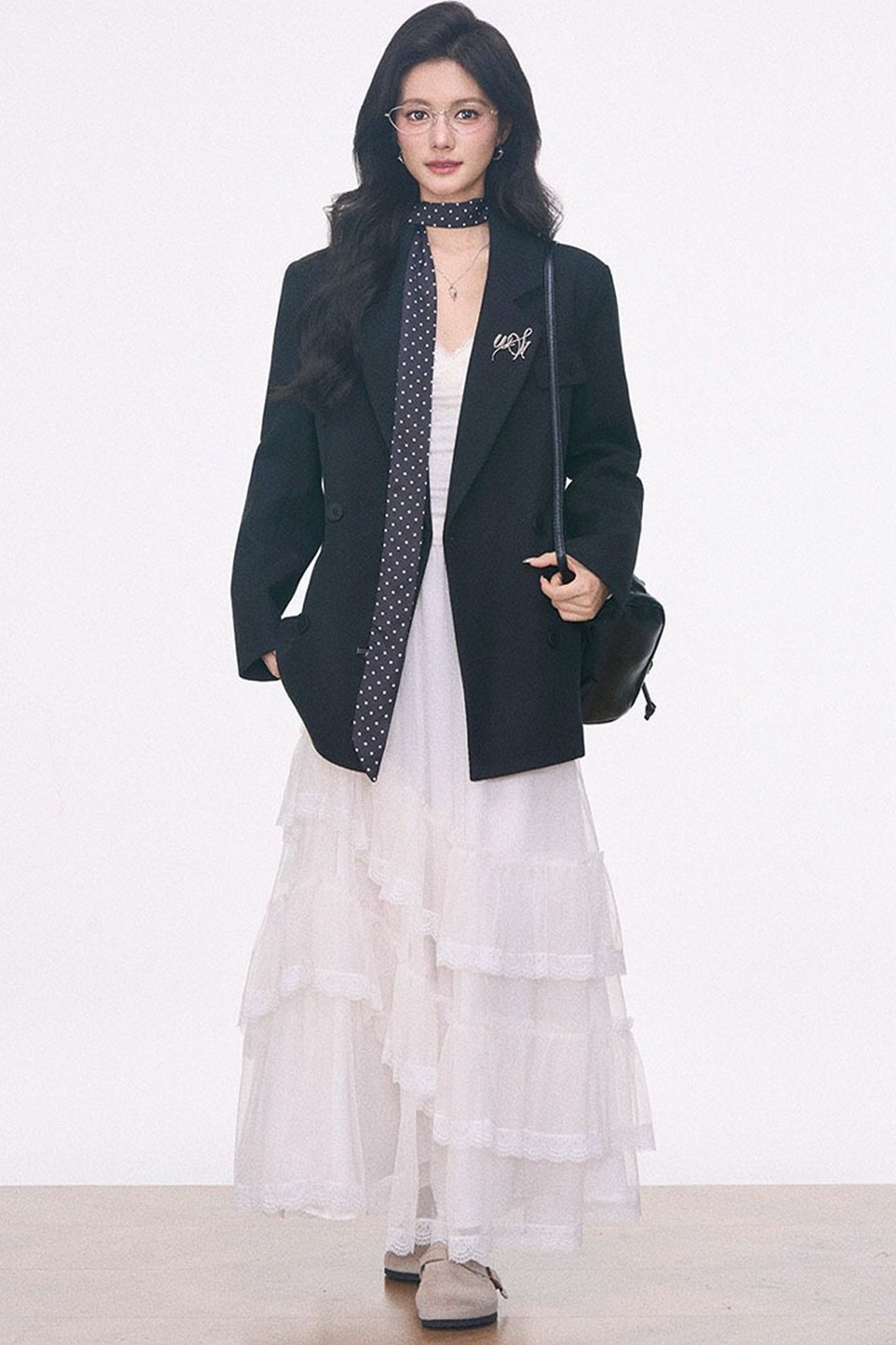 Woolen Blazer and Mesh Skirt Set-Up
