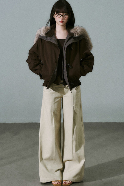 Horn Button Plaid Fur Collar Jacket