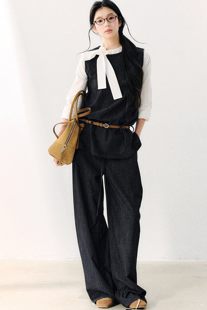 Round Neck Color-Block Ribbon Shirt