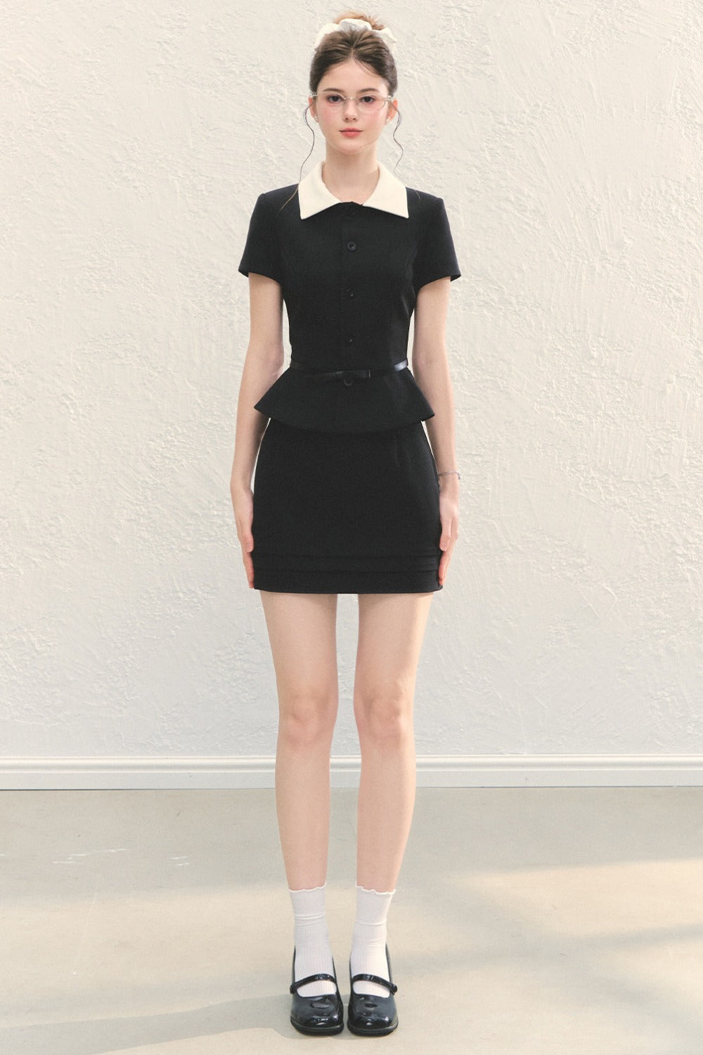 Black Short-Sleeved Shirt and A-Line Skirt Set-Up