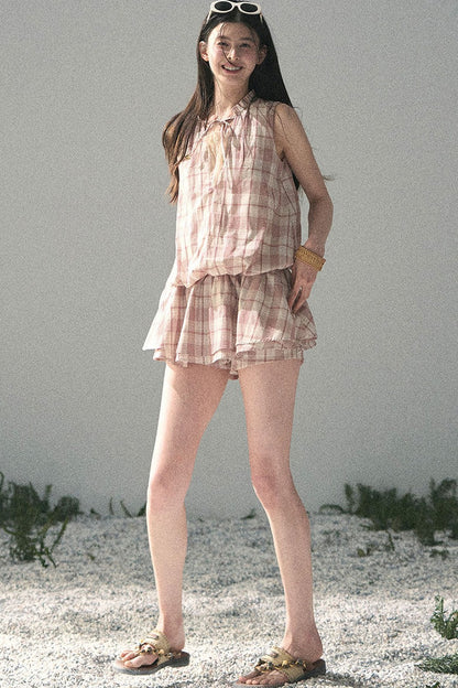 Lace Plaid Puff Dress Set
