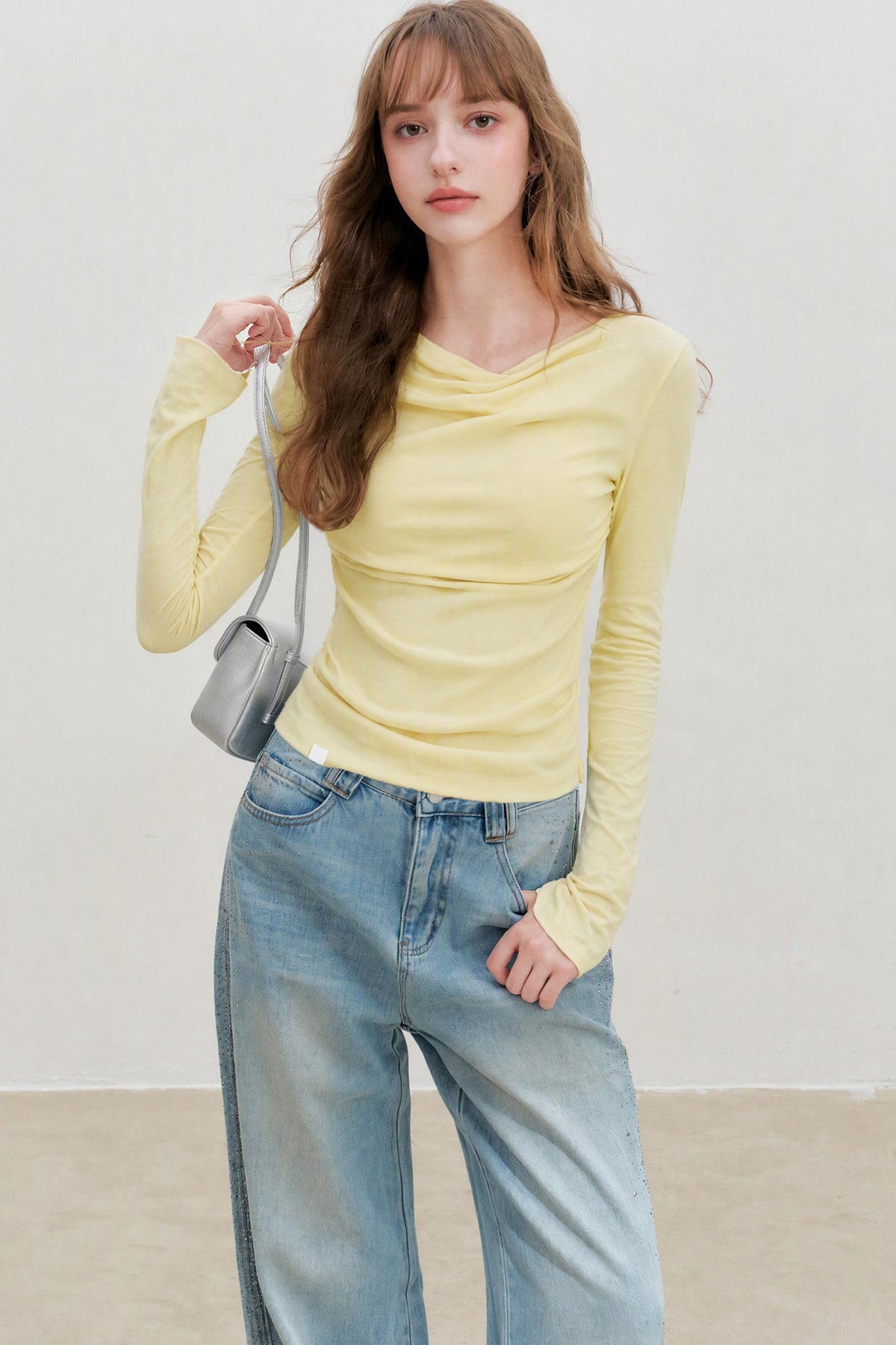 Lyocell Overlapping Pleated Long-Sleeve T-Shirt