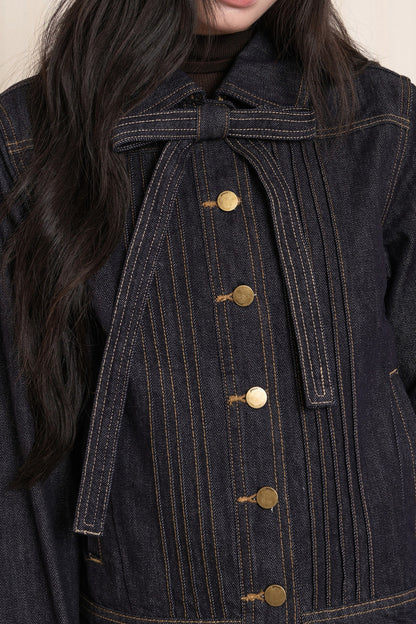 Washed Denim Lapel Tie Jacket