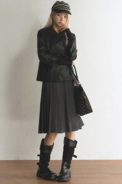 Black Double-Breasted PU Leather Top and Skirt Set-Up